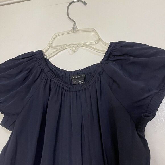 THEORY navy blue cinch waist short sleeve satin Dress size XS p - Picture 3 of 5